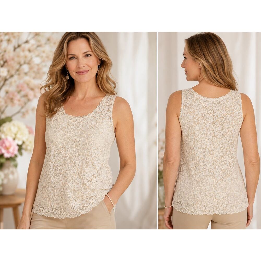 Coldwater Creek Lace Tank Top Women's Large Cream Fully Lined Sleeveless Floral
